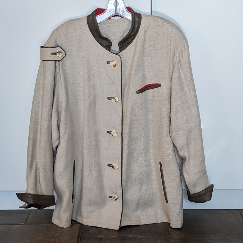 Vintage Admont Linen Leather Trim Dressy Boyfriend Blazer Jacket Beige Size 40
